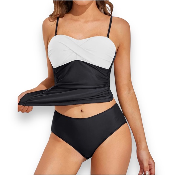 La Vie En Rose Women's Black & White Halter Tankini Gold Ruche with Padding Sz S - Picture 10 of 11